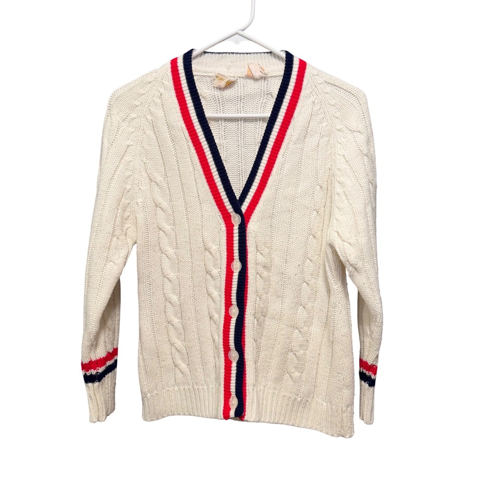 Vintage Marianne Fashions White Cable Knit Varsity Cardigan Red Blue Trim Large